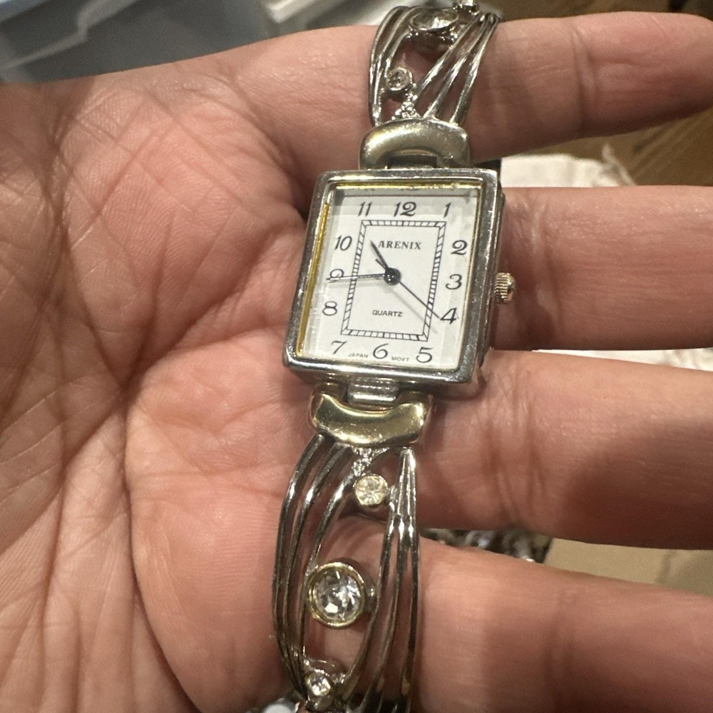 Working VTG Arenix Two Tone Quartz Rectangle Crystal Dainty Womens Watch 23mm 7"